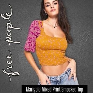 FREE PEOPLE Marigold Mixed-Print 3/4 Sleeve Smocked-Bodice Crop Top/LG NWT